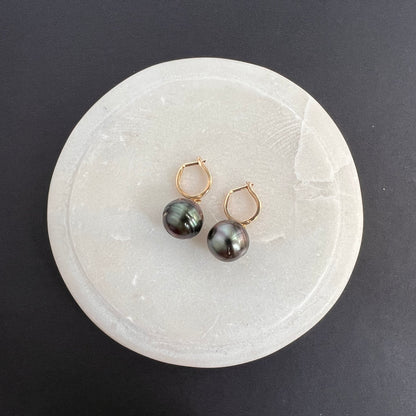 ‘MATAHINA’ Tahitian Pearl Drop Huggie Hoop Earrings (12mm)